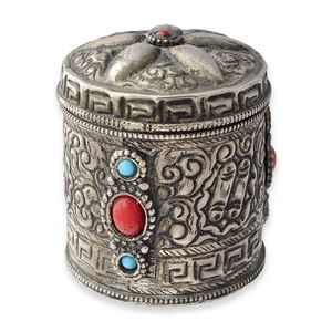 Vintage Tibetan Style Canister / Trinket Box Silver Tone Turquoise Coral Glass